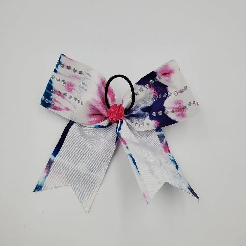 Cheer Hair Bow Pony Holder Blue White Purple Tie Dye With Silver Glitter Dots - Picture 3 of 3